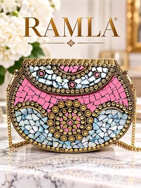 Ramla Elegant Mosaic Pink and Blue “Beverly Hills” Clutch​ New